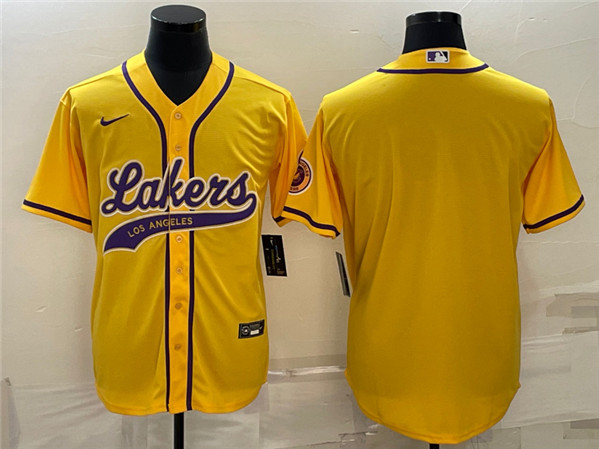 Men's Los Angeles Lakers Yellow Big Logo With Patch Cool Base Stitched Baseball Jersey